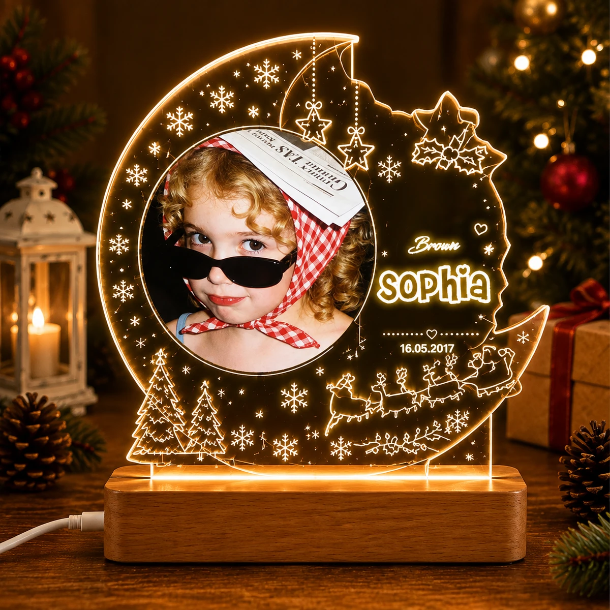 Personalized "Christmas Crescent Moon" Photo Led Acrylic Night Light
