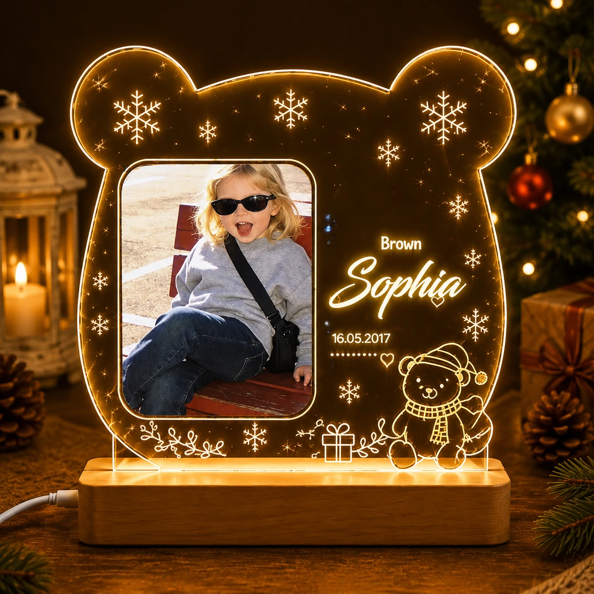 Personalized "Christmas Teddy Bear" Photo Led Acrylic Night Light
