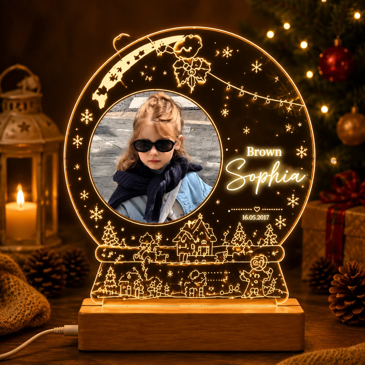 Personalized "Christmas Snow Globe" Photo Led Acrylic Night Light