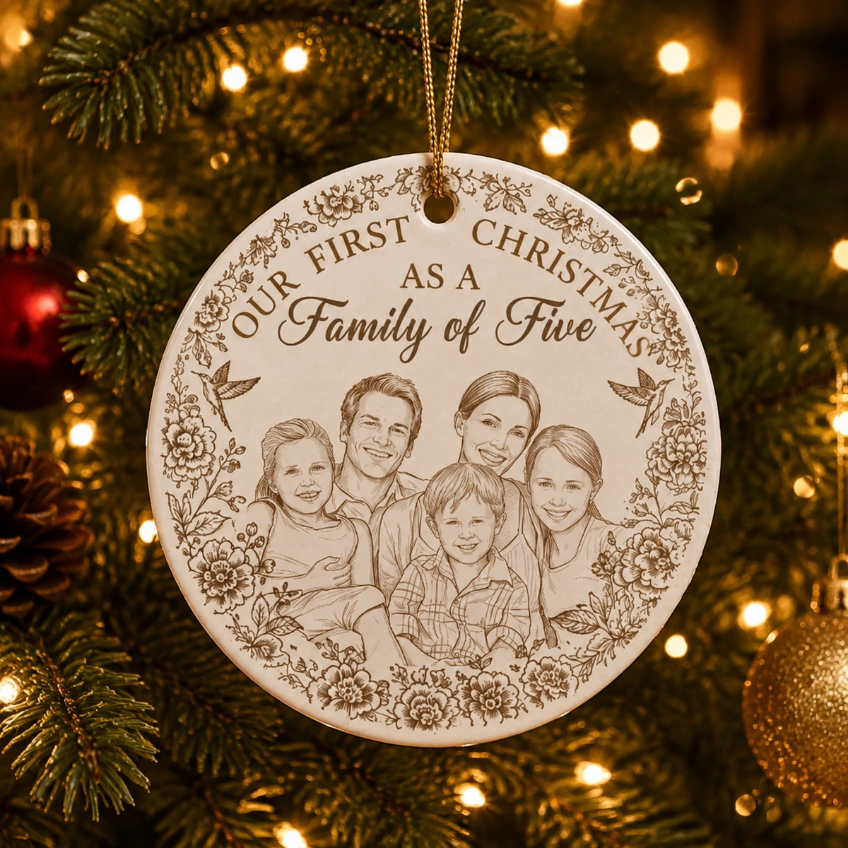 Personalized Ceramic Christmas Ornament Round Shape Custom Photo Family Portrait Floral Frame Christmas Gift