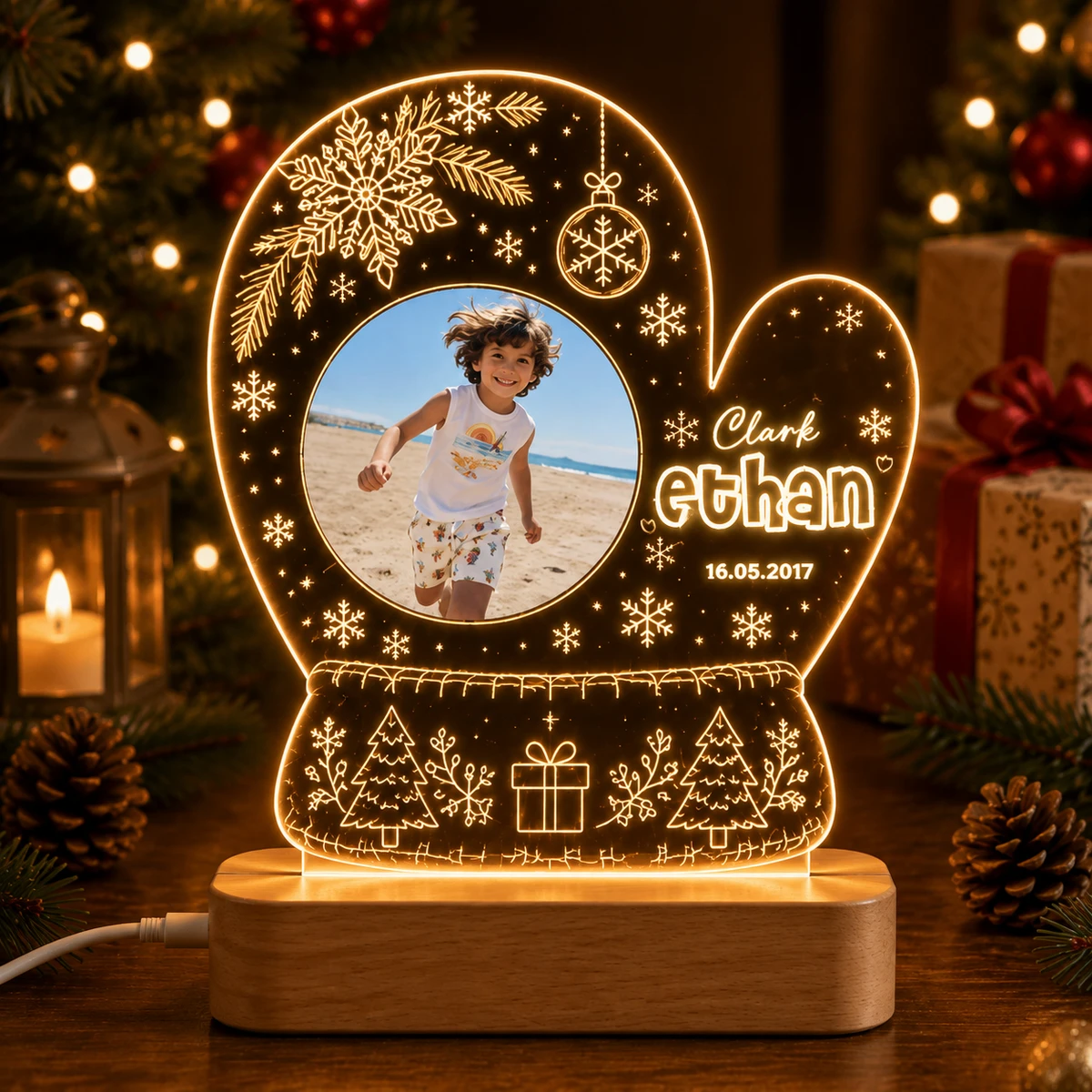Personalized "Christmas Winter Mitten" Photo Led Acrylic Night Light