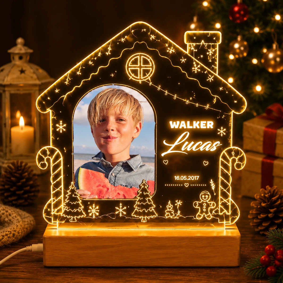 Personalized "Christmas Gingerbread House" Photo Led Acrylic Night Light