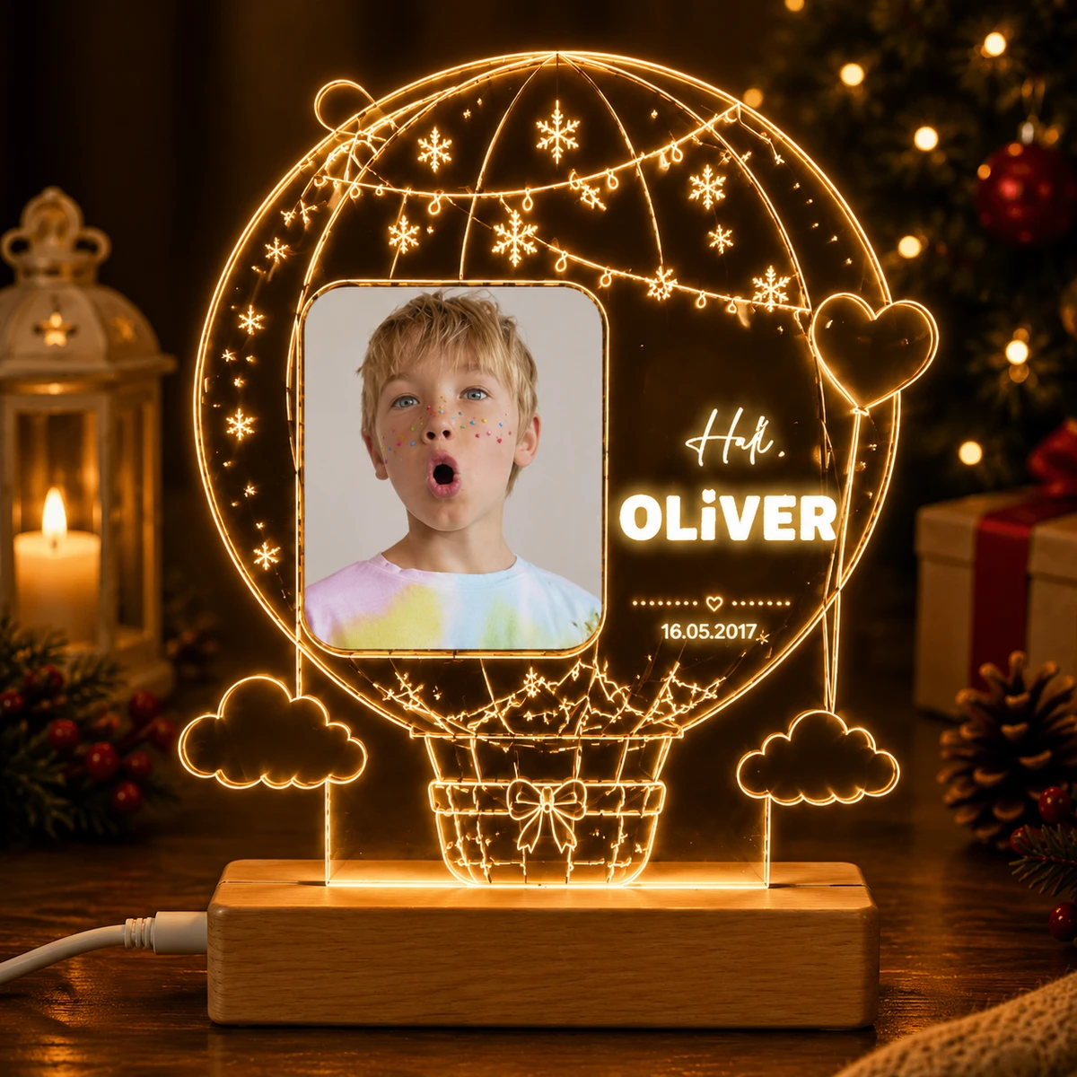 Personalized "Christmas Hot Air Balloon" Photo Led Acrylic Night Light