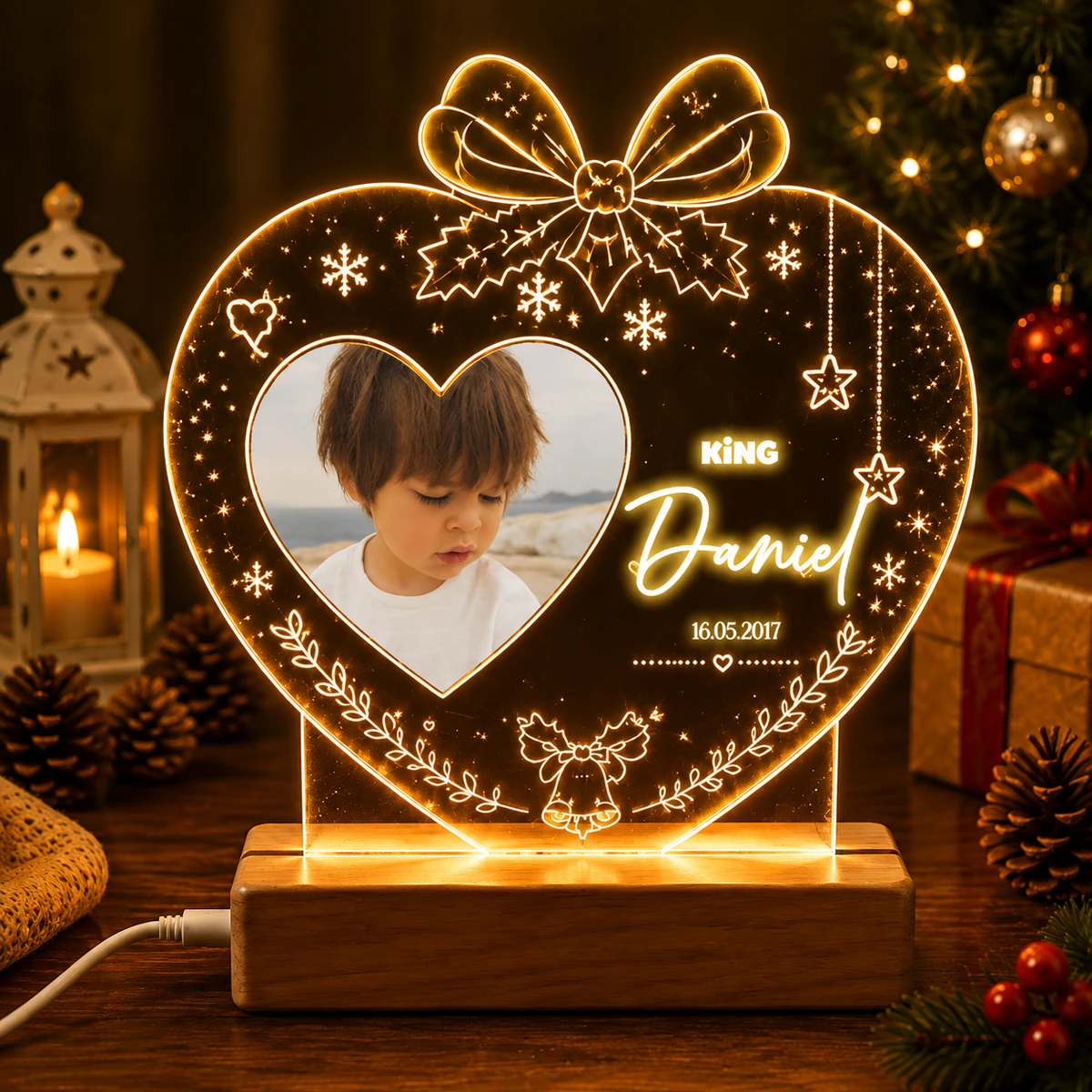 Personalized "Christmas Heart & Bow" Photo Led Acrylic Night Light
