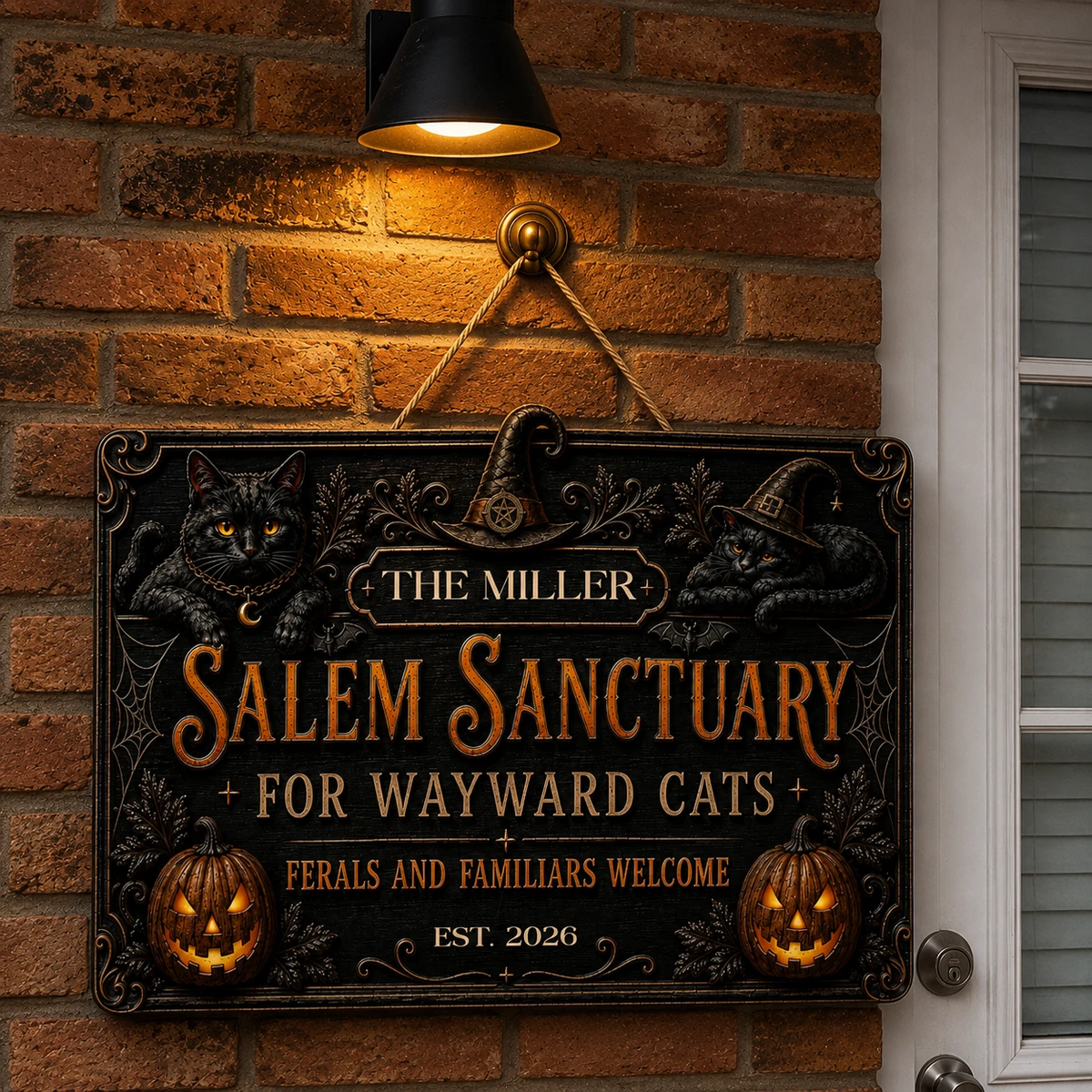 Personalized Salem Cat Sanctuary Sign, Custom Family Name & Est. Year Door Decor, Black Cat Witch Pumpkin Plaque, Unique Halloween Gift