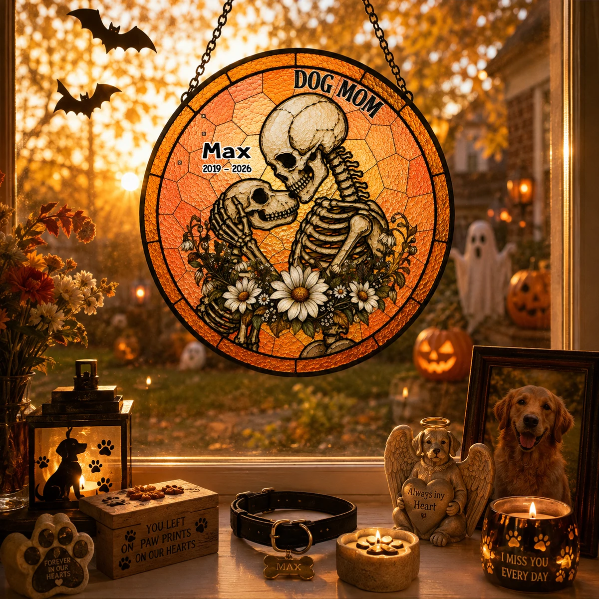 Custom Skeleton Dog Memorial Suncatcher, Personalized Dog Mom Skeleton Stained Glass Suncatcher Window Hanging, Custom Name Gothic Decor, Halloween Memorial Gift