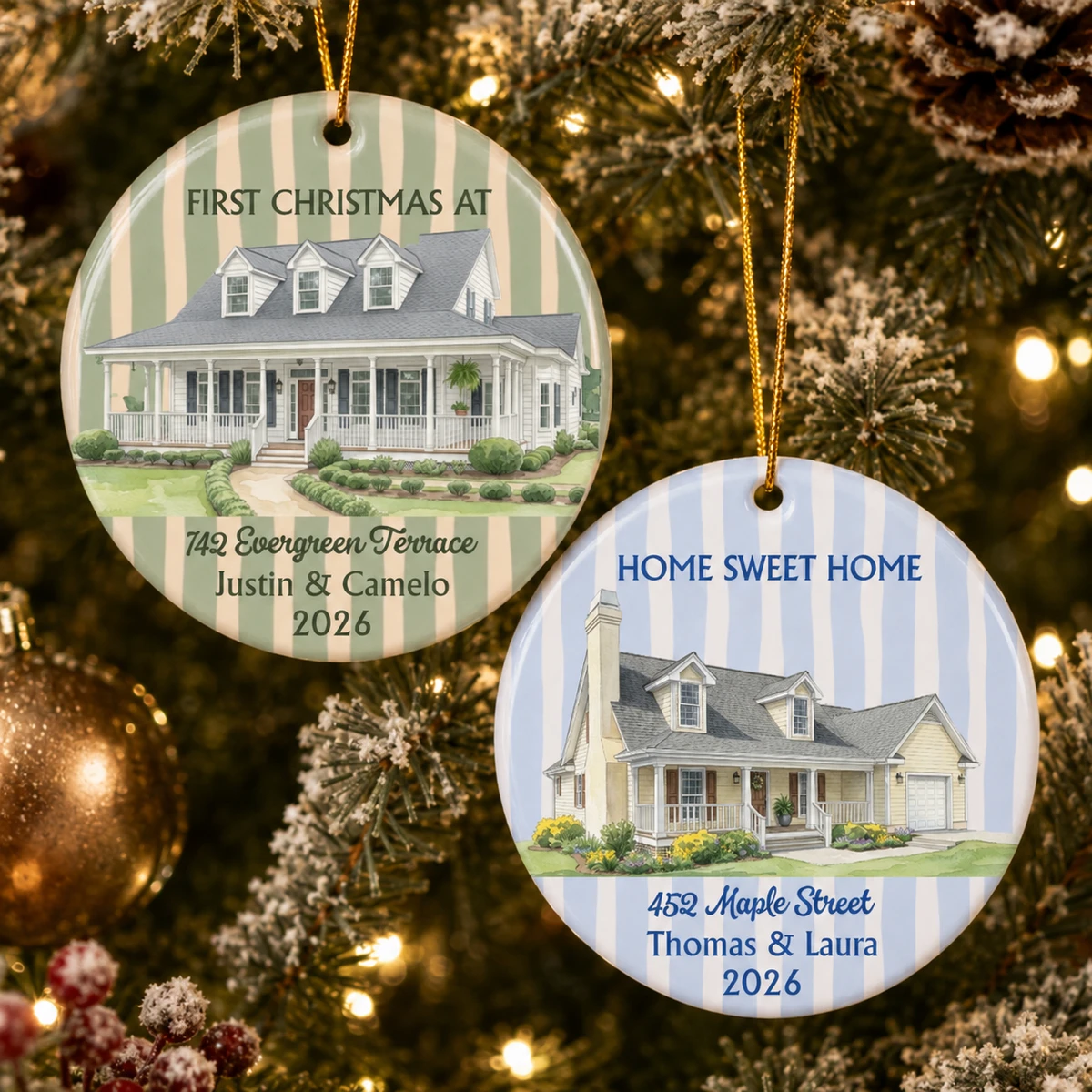 Personalized Ceramic Christmas Ornament Round Shape Custom Home Photo Name Address First Christmas Striped House Christmas Gift