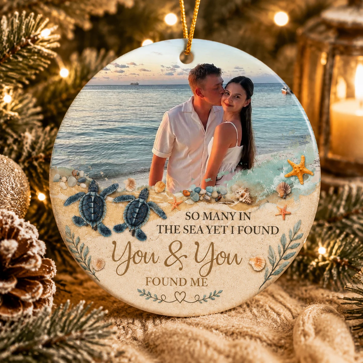 Personalized Ceramic Christmas Ornament Round Shape Custom Photo Couple Beach Love Story Ocean Memory Christmas Gift