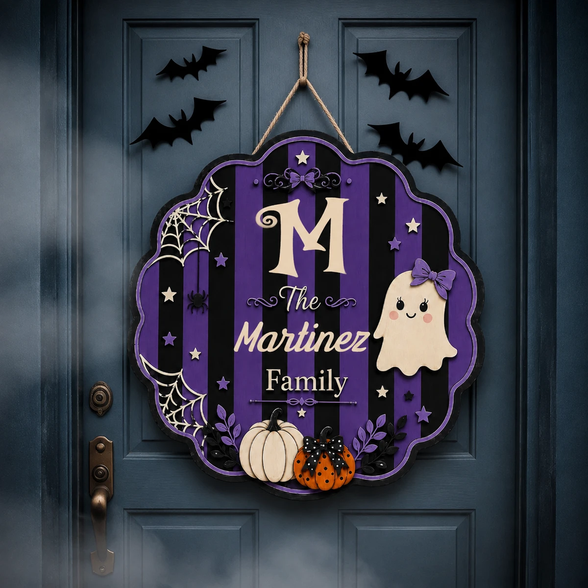 Personalized Halloween Family Door Sign, Custom Last Name Purple Gothic Plaque, Ghost Pumpkin Stripe Decor, Elegant Spooky Home Accent