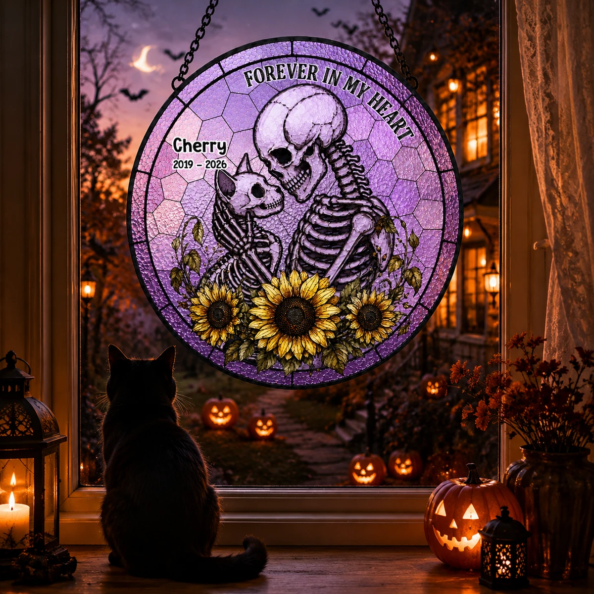 Custom Skeleton Cat Memorial Suncatcher, Personalized Cat Skeleton Stained Glass Suncatcher Window Hanging, Custom Name Gothic Decor, Halloween Memorial Gift