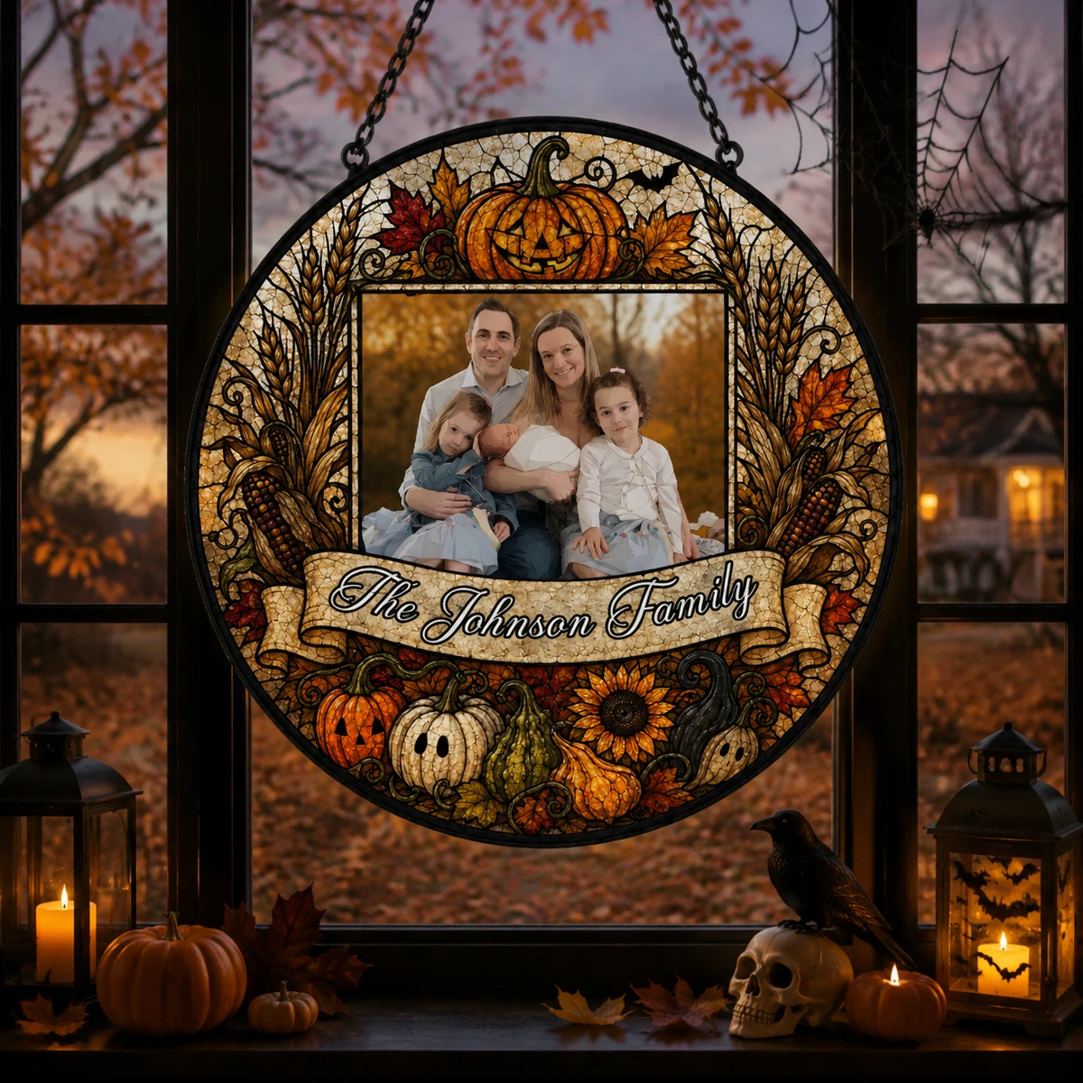 Personalized Fall Family Photo Suncatcher, Pumpkin Harvest Stained Glass Window Hanging, Thanksgiving & Autumn Home Decor