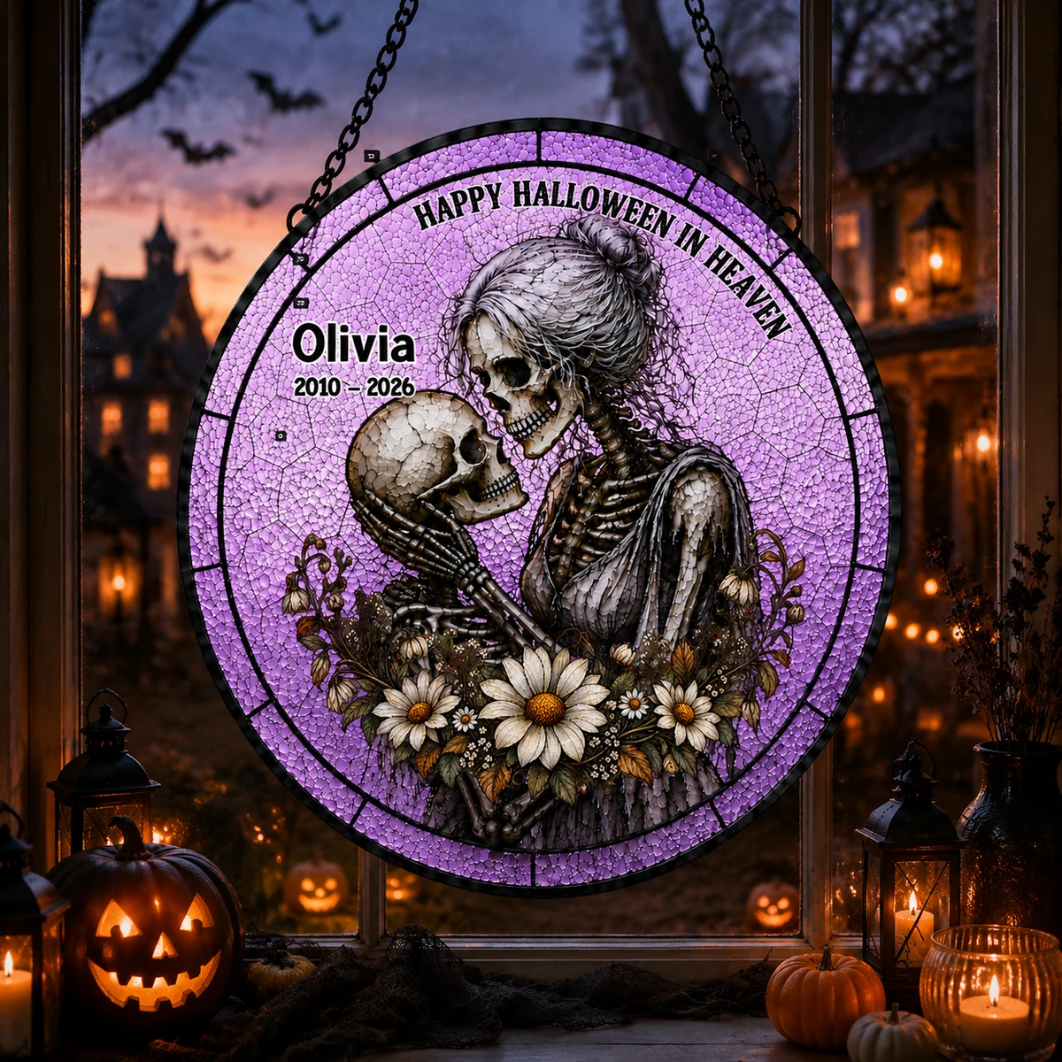 Personalized Happy Halloween In Heaven Suncatcher, Custom Human Memorial Stained Glass Window Hanging, Gothic Loved One Remembrance Gift