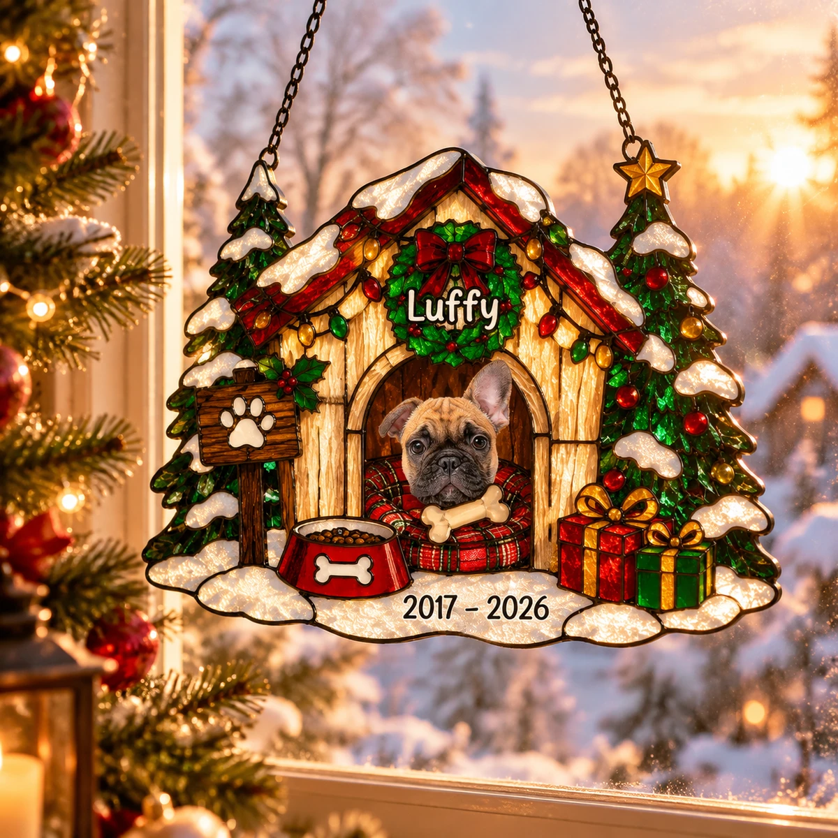 Personalized Pet Memorial Christmas Suncatcher, Custom Dog/Cat Photo Stained Glass Window Hanging, Xmas Memorial Gift