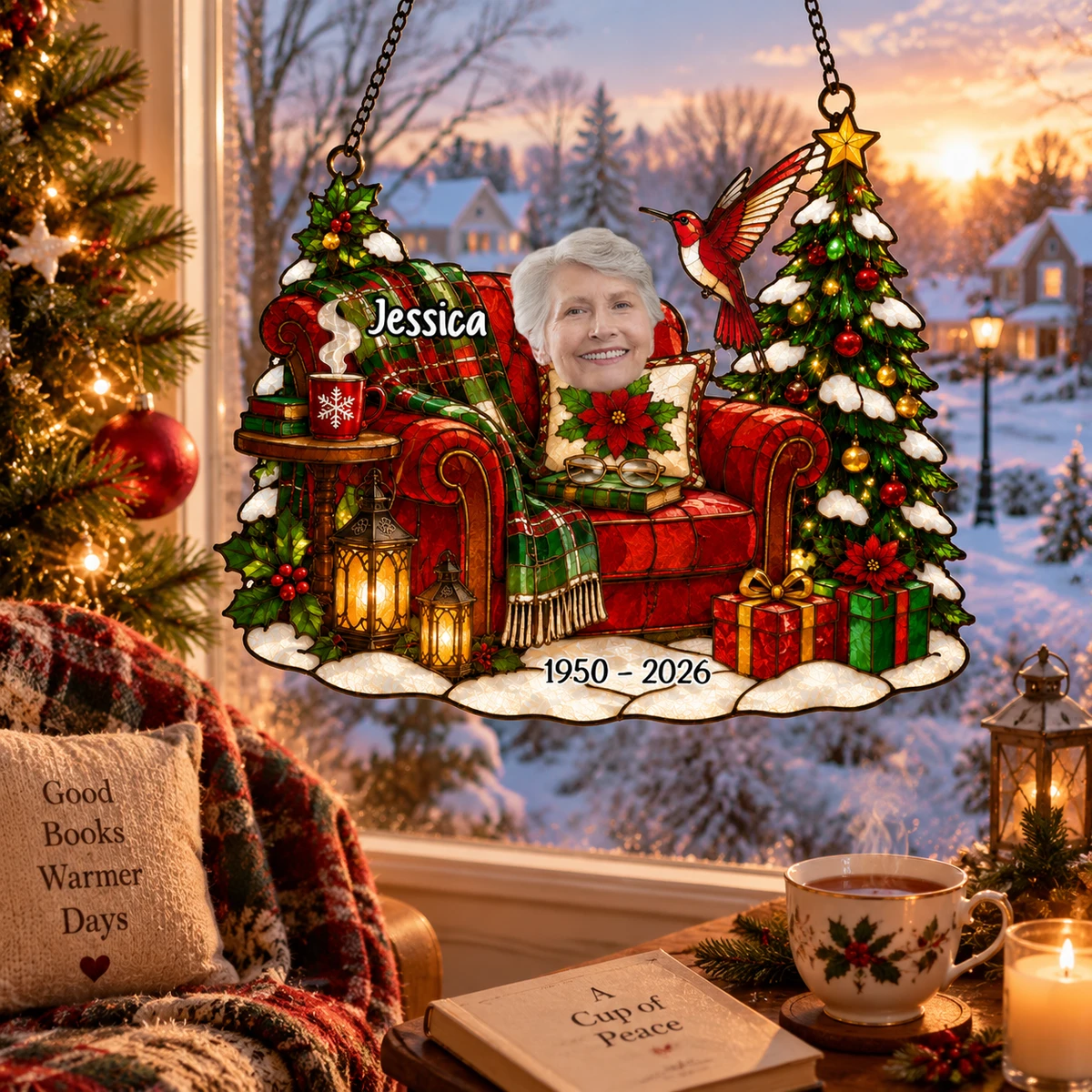 Personalized Memorial Christmas Suncatcher, Custom Photo Stained Glass Window Hanging, In Loving Memory Holiday Remembrance Gift