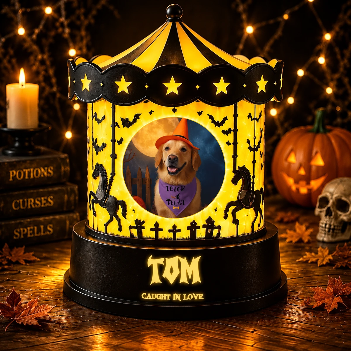 Personalized "Spooky Carousel" Pet Photo & Name Halloween Led Night Light