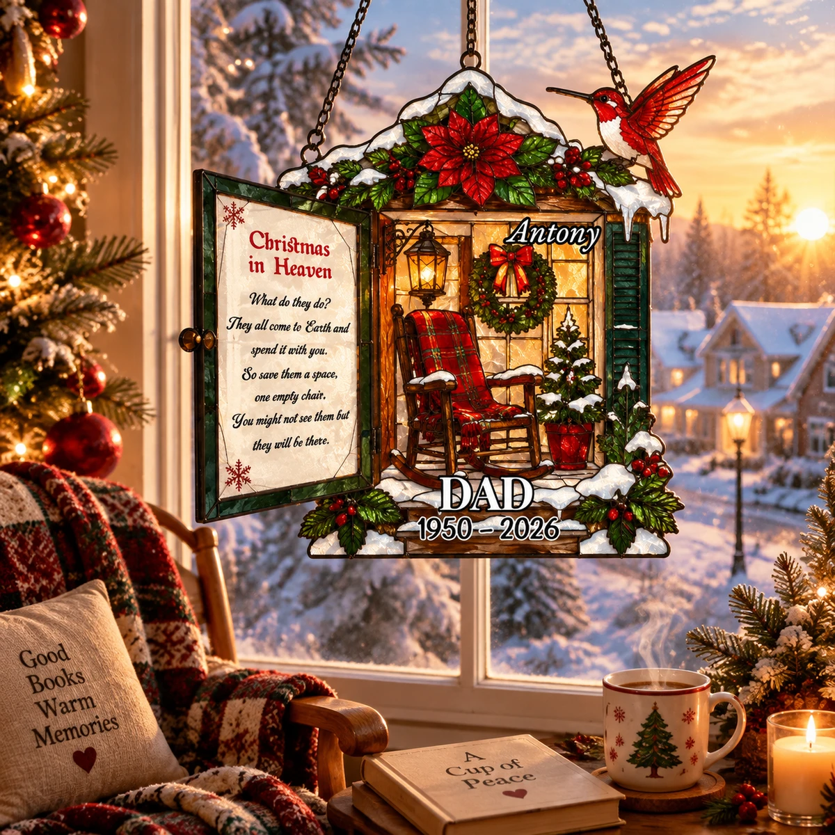 Personalized Christmas In Heaven Memorial Suncatcher, Custom Photo & Name Window Hanging, "So Save Them A Space, One Empty Chair" Remembrance Gift