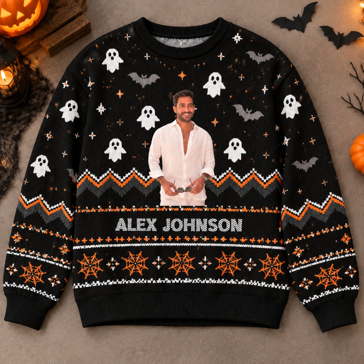 Personalized Halloween Ugly Sweatshirt Custom Portrait Photo And Name - Ghost Bat Pumpkin Spooky Holiday Sweater Gift