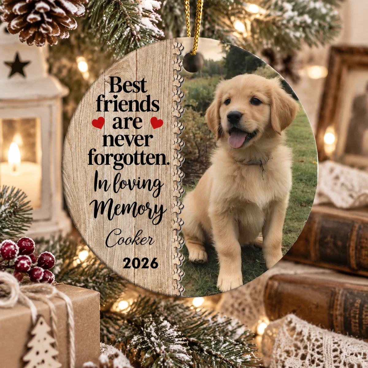 Personalized Ceramic Christmas Ornament Round Shape Custom Pet Photo Name In Loving Memory Paw Print Memorial Christmas Gift