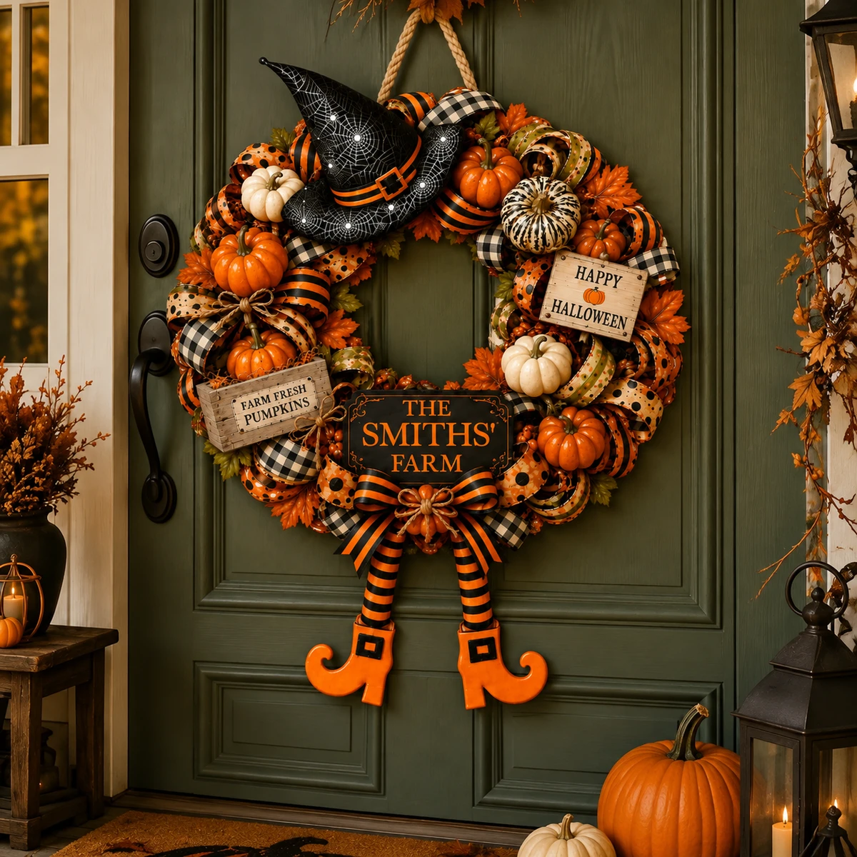 Welcome To Our Pumpkin Farm Personalized Halloween Sign, Custom Family Name Wreath Decor, Witch Hat Harvest Door Hanging Decoration