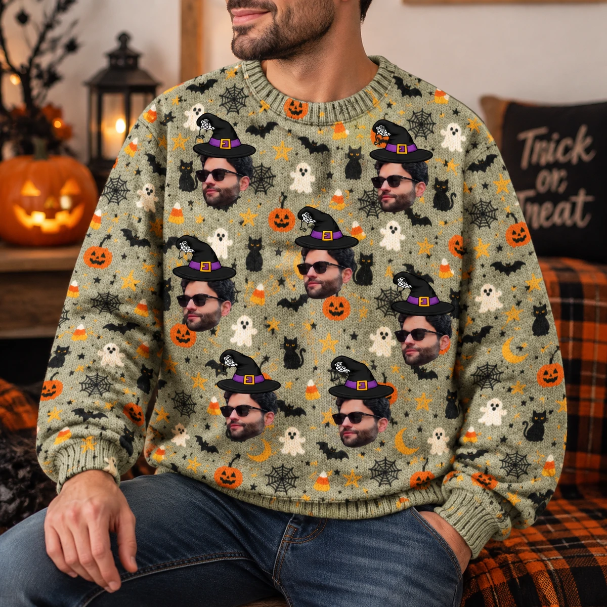 Pumpkin Ghost Bat Pattern Halloween Ugly Sweater - Custom Photo Face And Witch Hat Sweatshirt