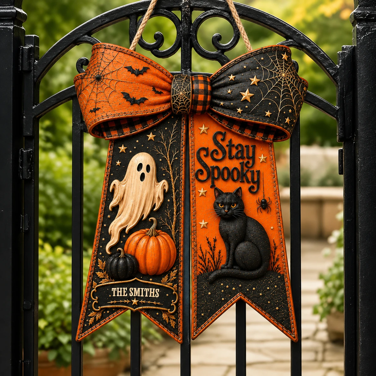Custom Name Halloween Door Sign, Stay Spooky Witch Bow Decor, Personalized Black Cat Pumpkin Hanging Sign, Gothic Halloween Home Gift