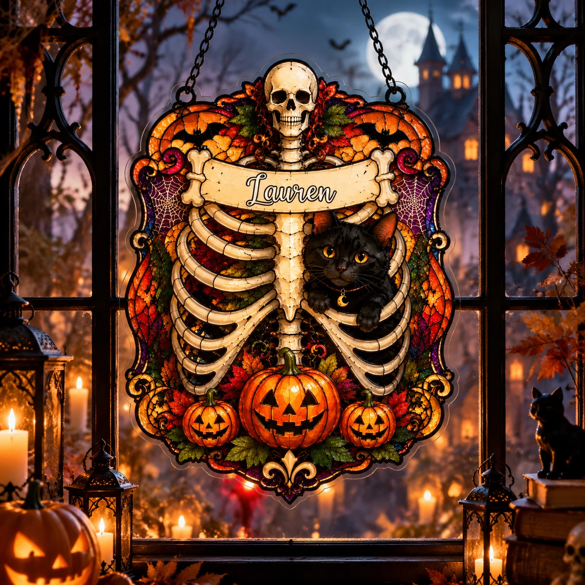 Personalized Gothic Skeleton Cat Memorial Acrylic Suncatcher, Custom Black Cat Name Window Hanging, Spooky Pet Loss Gift