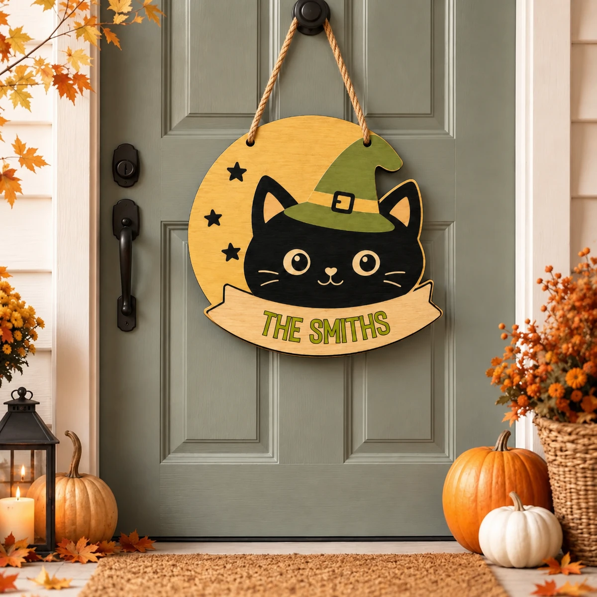 Our Little Halloween Home Personalized Door Sign, Custom Family Name Cat Witch Decor, Cute Front Door Hanging Decoration