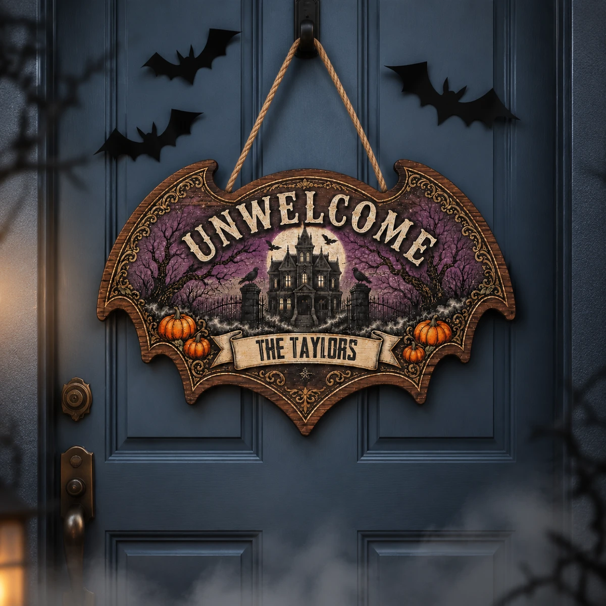 The Castle Beyond The Moonlight Personalized Halloween Door Sign, Custom Family Name Bat Decor, Gothic Haunted House Hanging Sign