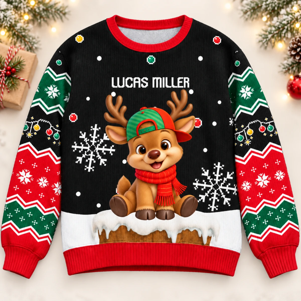 Cute Reindeer Ugly Sweater - Custom Name Christmas Sweater With Clipart Christmas Ugly Sweatshirt