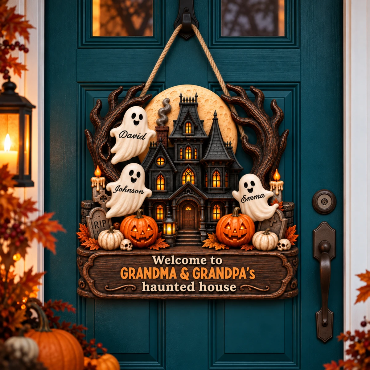 Welcome To Grandma Grandpa’S Haunted House Personalized Halloween Sign, Custom Family Names Ghost Mansion Decor, Spooky Home Gift