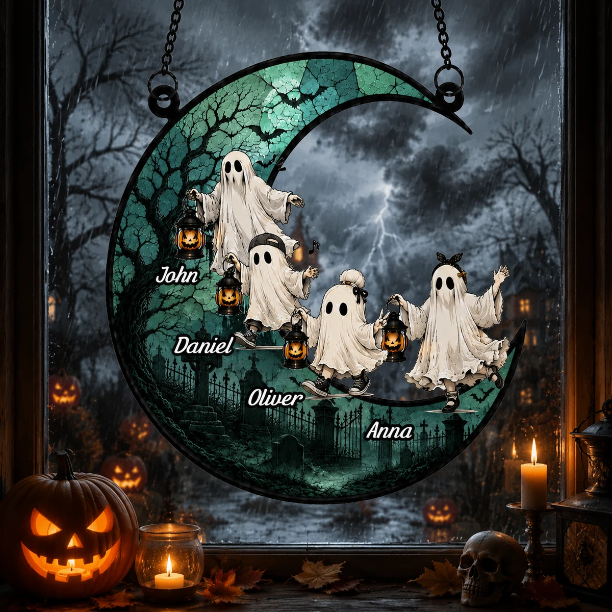 Personalized Halloween Ghost Suncatcher, Custom Family Spooky Window Hanging, Cute Ghost Decor, Halloween Gift For Family And Friends