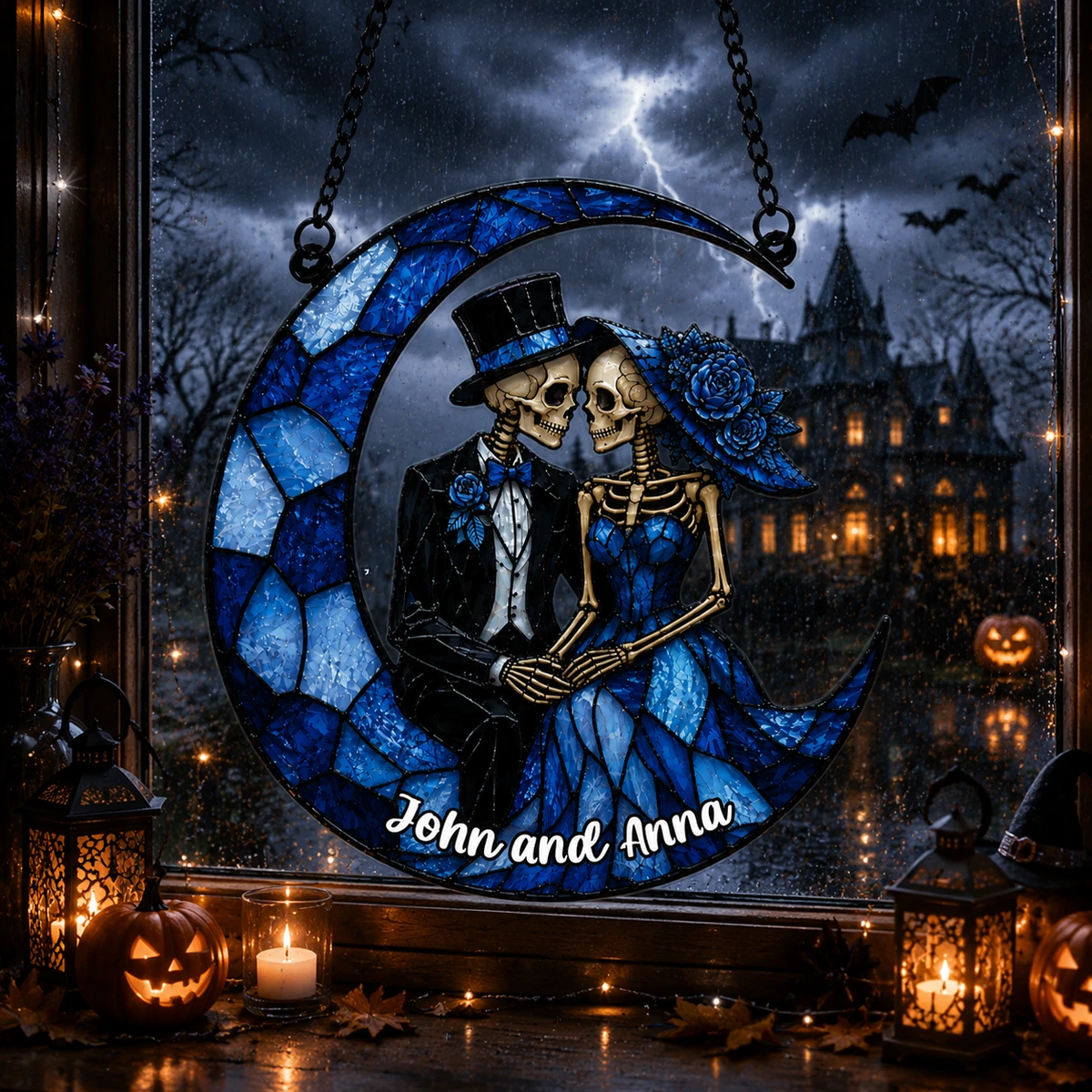Personalized Skeleton Couple Stained Glass Suncatcher, Custom Gothic Wedding Gift, Moon Couple Window Hanging, Dark Romance Halloween Home Decor