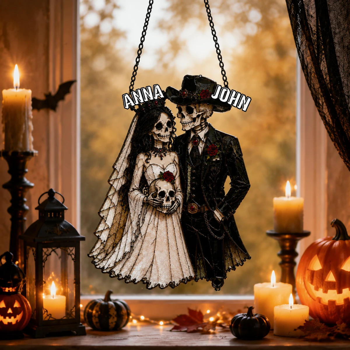 Personalized Skeleton Couple Stained Glass Suncatcher, Custom Gothic Halloween Window Decor, Spooky Bride And Groom Keepsake Gift