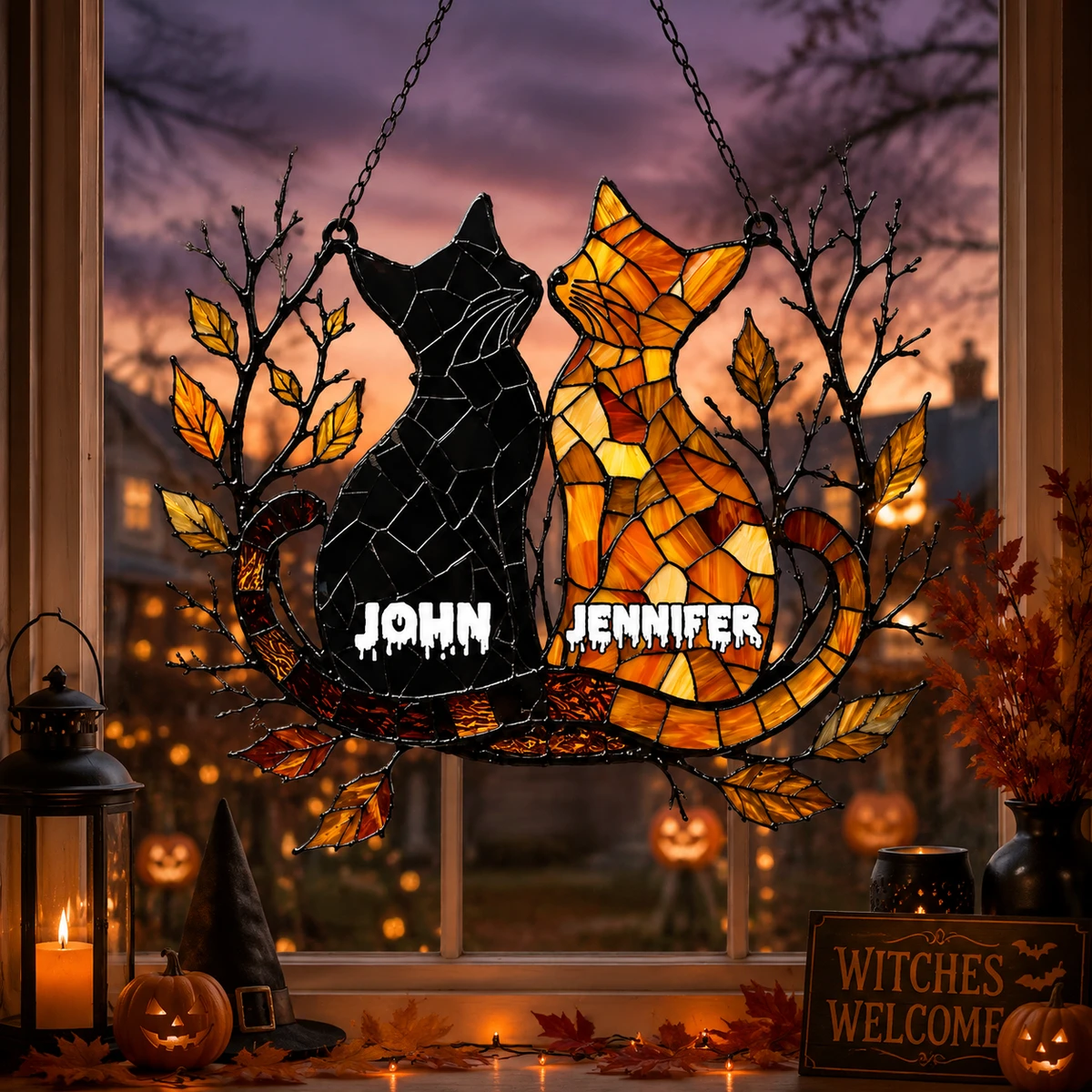 Personalized Black And Orange Cat Stained Glass Suncatcher, Custom Cute Cat Couple Window Hanging, Autumn Fall Decor Gift