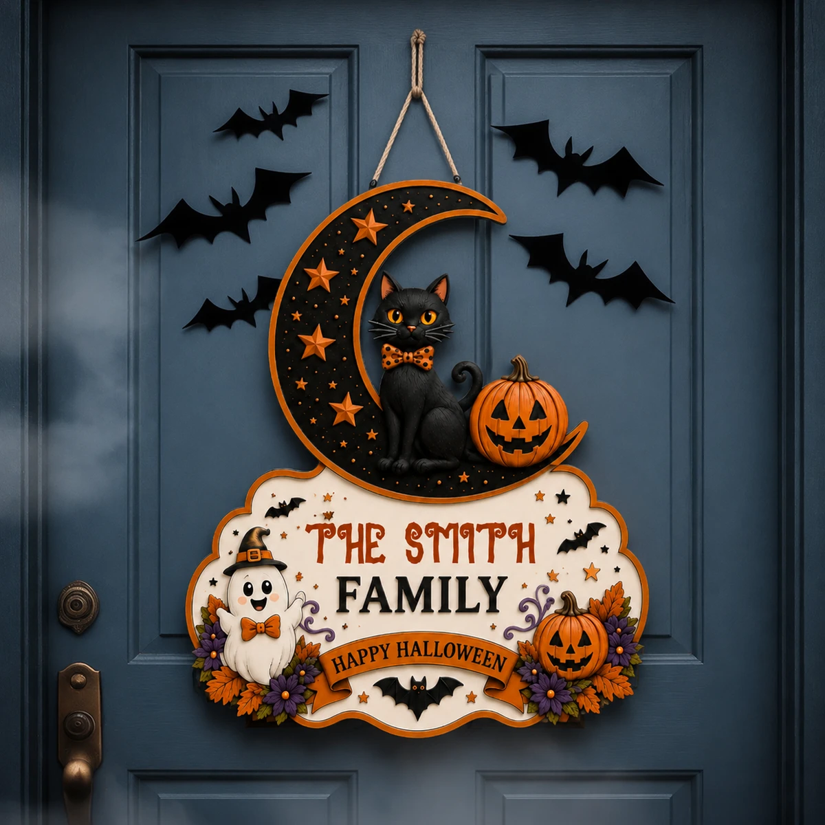 Personalized Black Cat Halloween Sign, Custom Family Name Crescent Moon Plaque, Pumpkin Bat Ghost Decor, Unique Halloween Gift