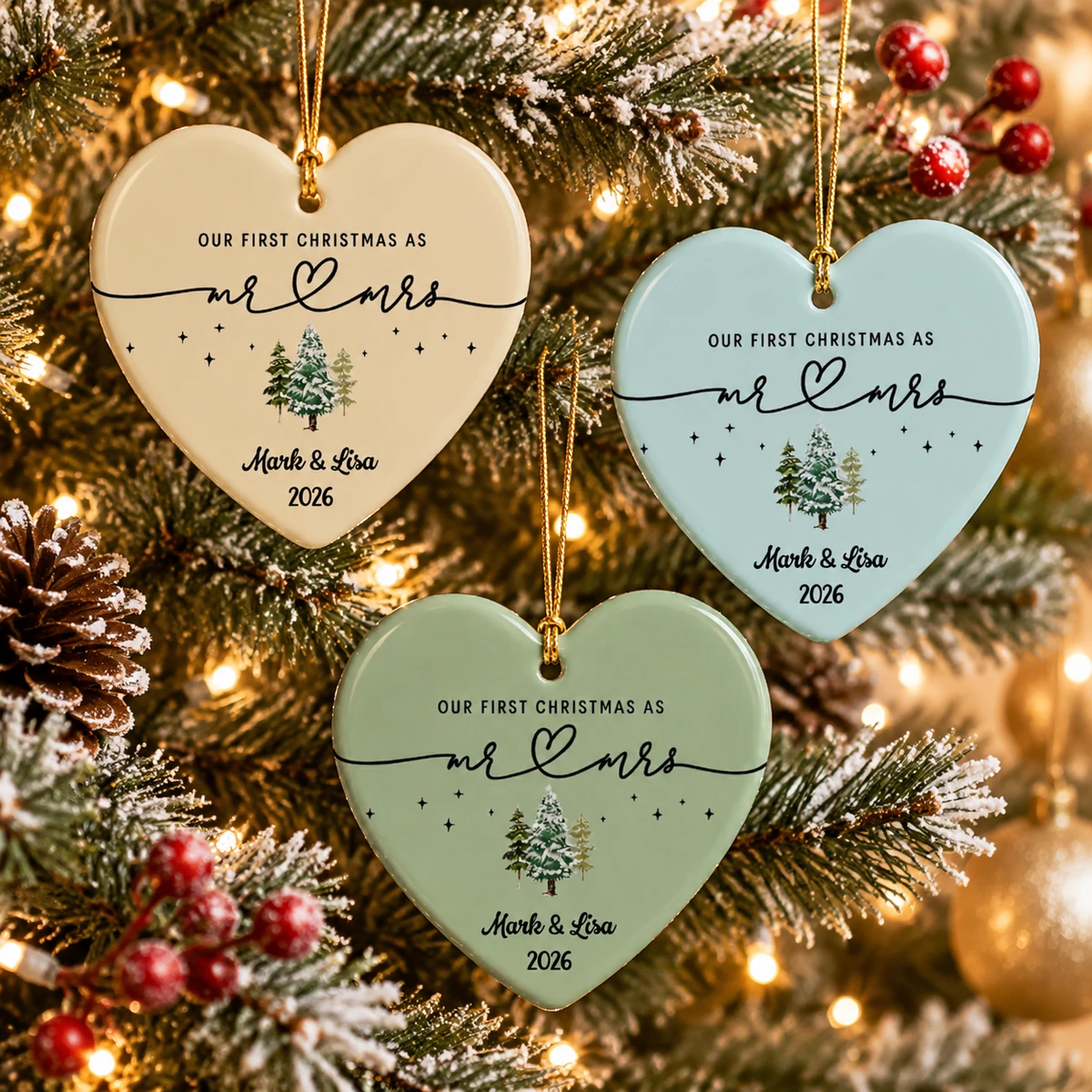 Personalized Ceramic Christmas Ornament Heart Shape Custom Name First Christmas As Mr & Mrs Tree Design Christmas Gift