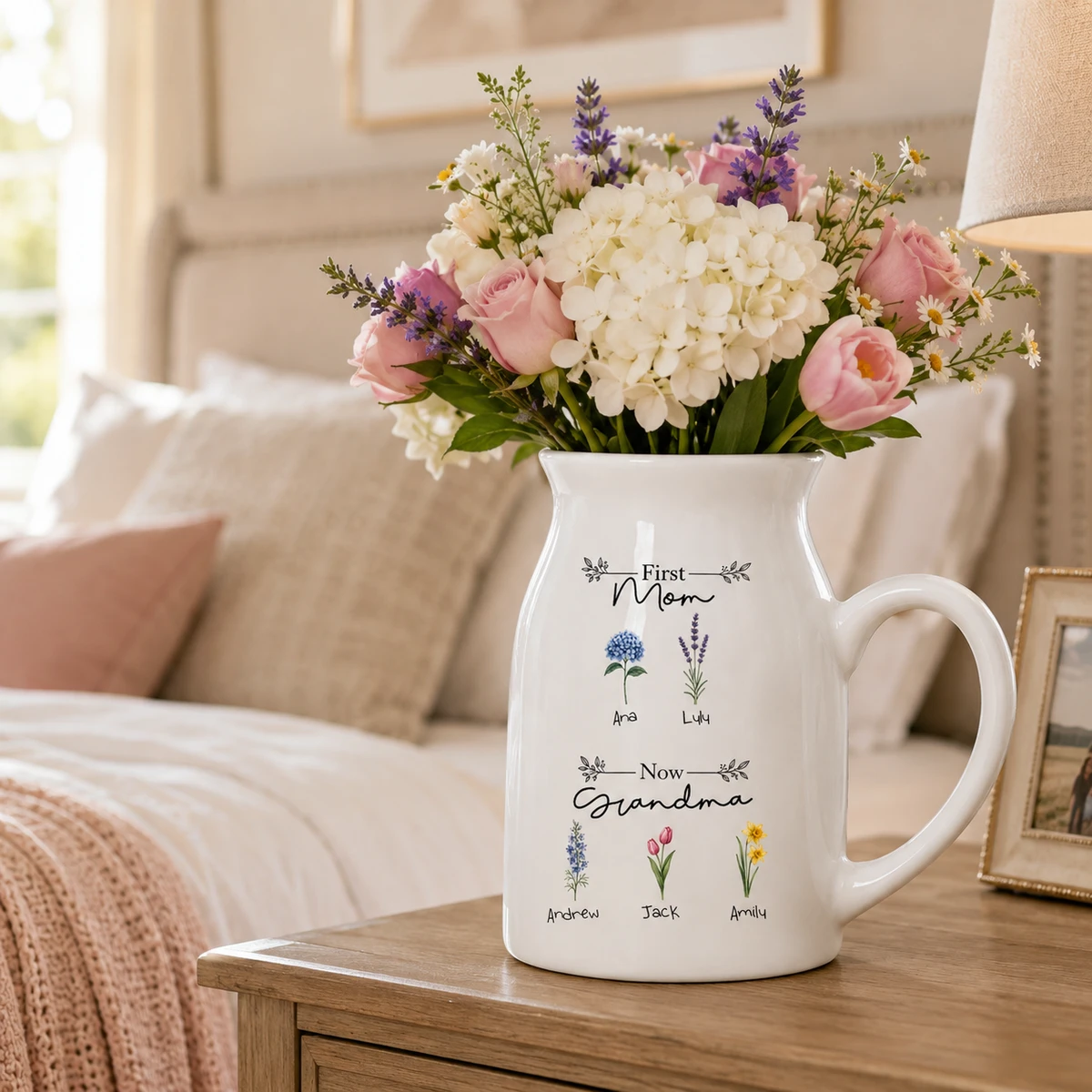 First Mom Now Grandma Birth Flowers - Personalized Ceramic Flower Vase