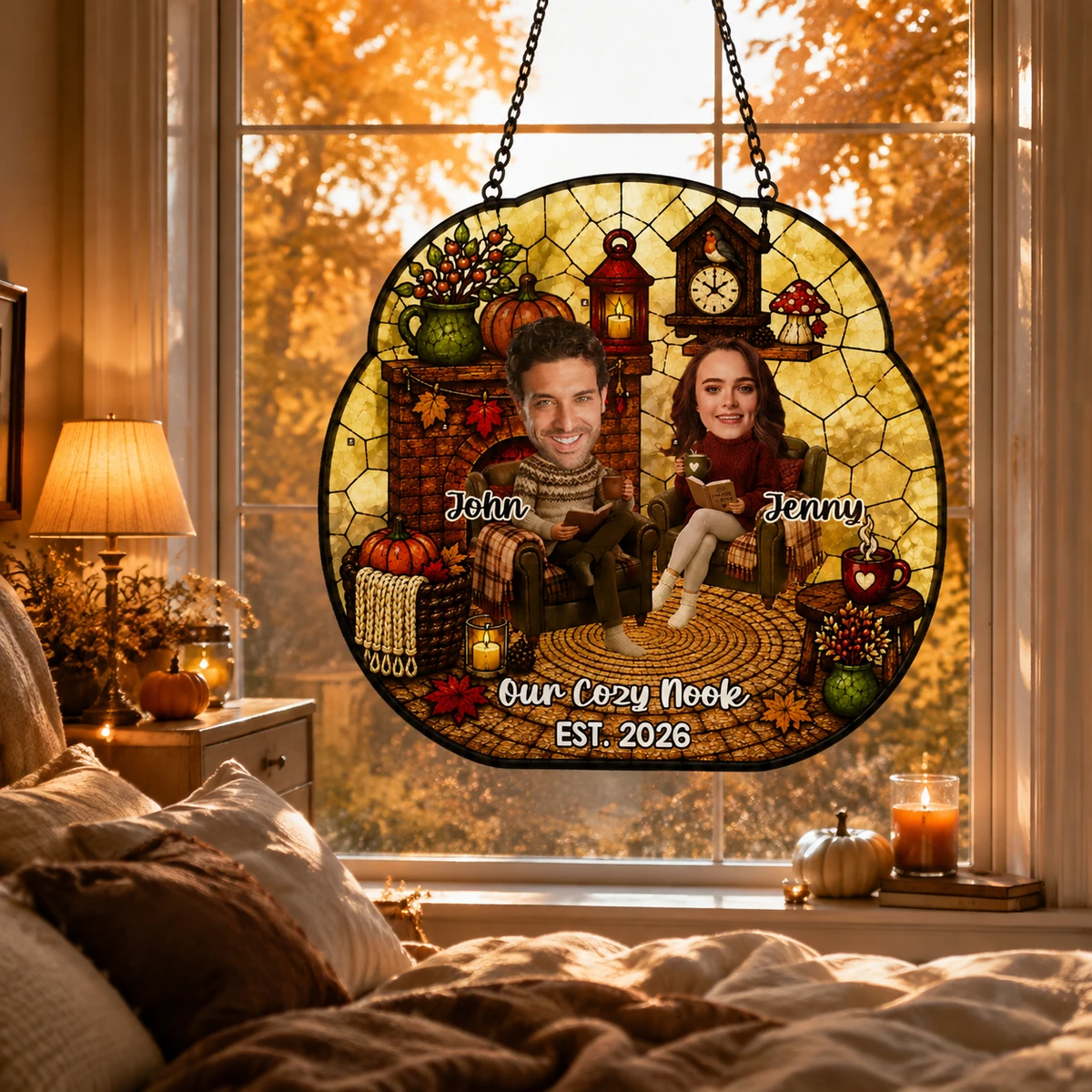 Personalized Couple Autumn Stained Glass Suncatcher, Custom Book Lover Window Hanging, Cozy Fall Reading Nook Decor, Hygge Couple Gift