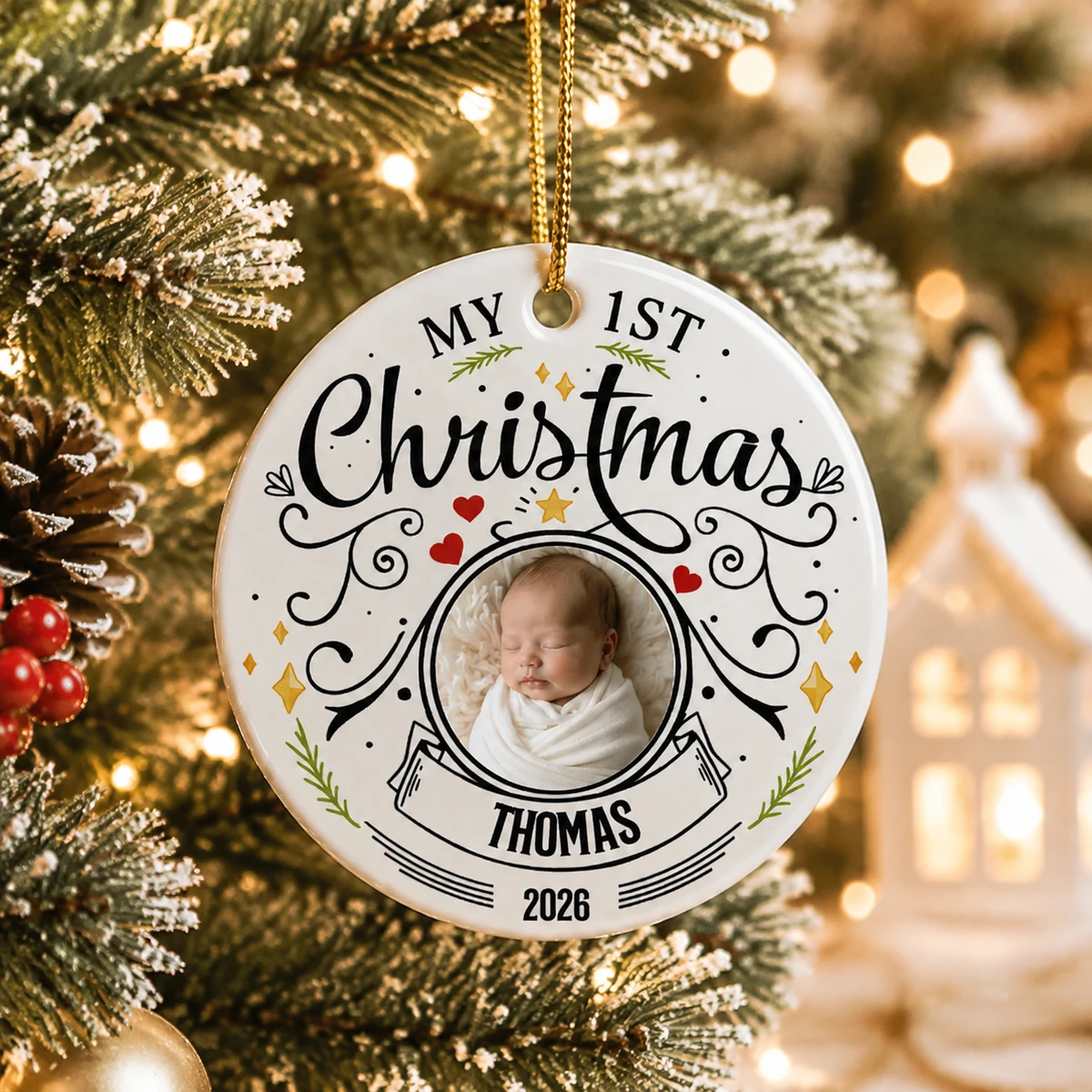 Personalized Ceramic Christmas Ornament Round Shape Custom Photo Baby Name First Christmas Banner Design Christmas Gift