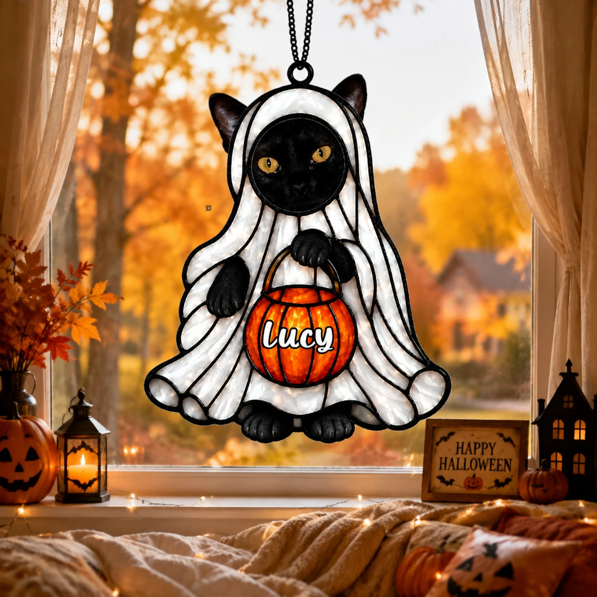 Personalized Ghost Cat Stained Glass Suncatcher, Custom Kitty Halloween Window Hanging, Spooky Cat Lover Gift
