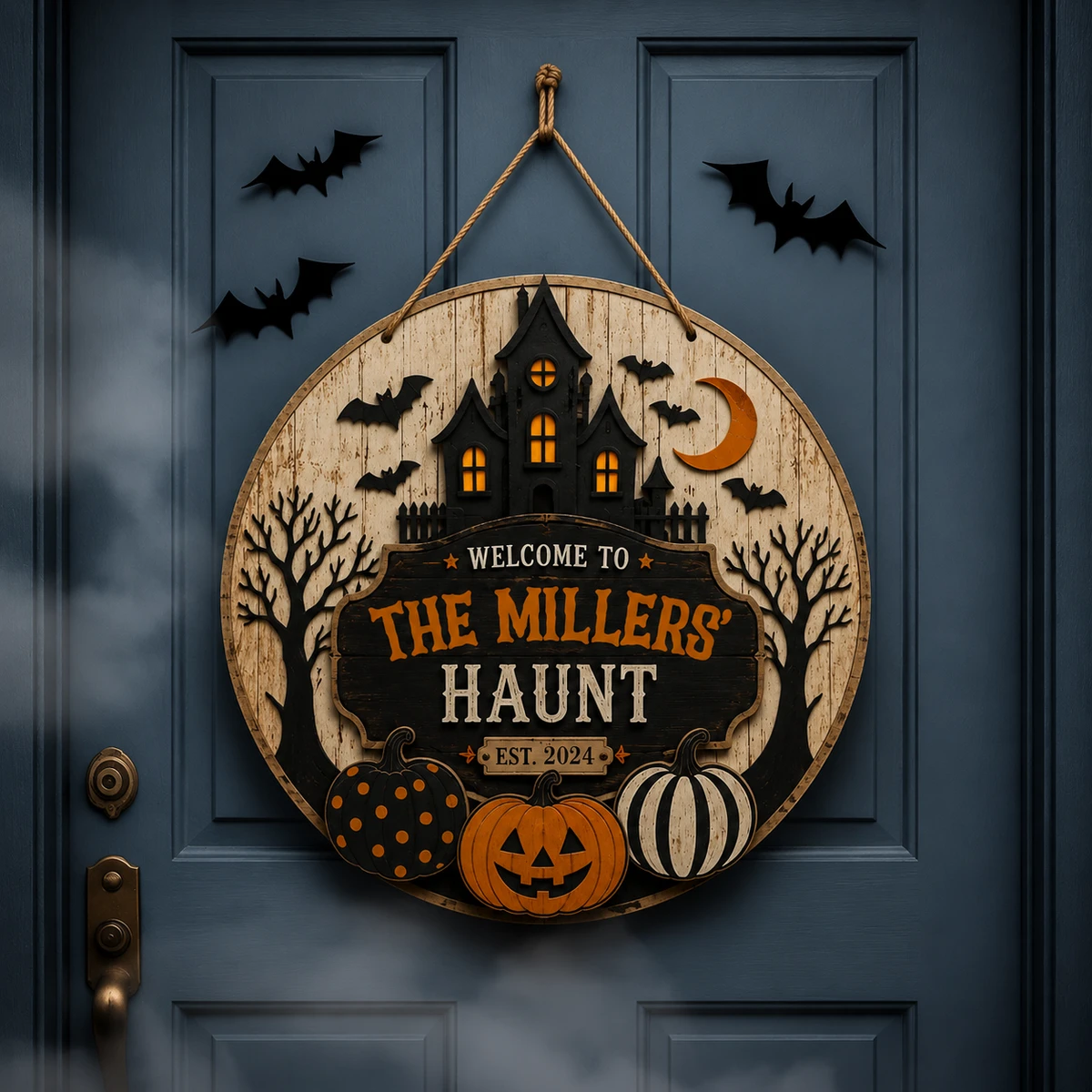 Welcome To Our Haunted House Personalized Sign, Custom Family Name Halloween Plaque, Black Castle Pumpkin Door Decor, Unique Fall Gift