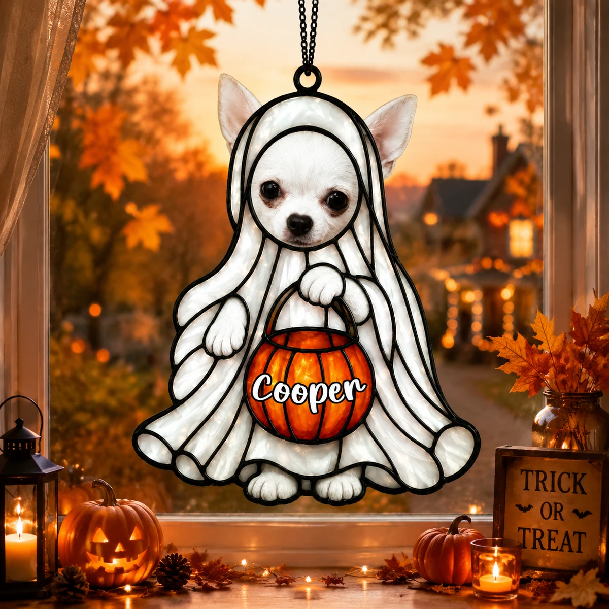 Personalized Ghost Dog Stained Glass Suncatcher, Custom Puppy Halloween Window Hanging, Spooky Pet Lover Gift