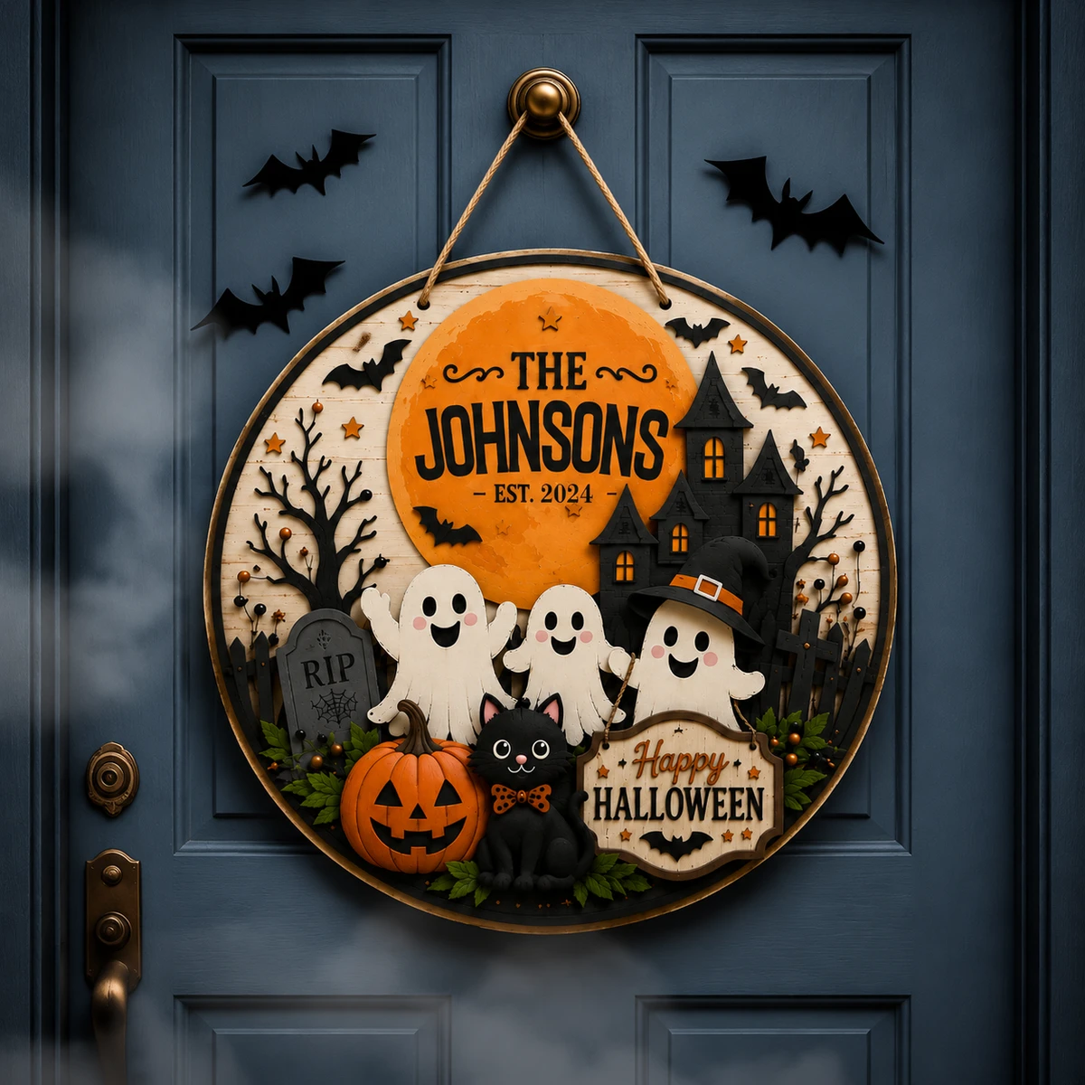 Custom Haunted Halloween Family Sign, Personalized Last Name & Established Year Door Decor, Pumpkin Ghost Cat Plaque, Family Gift Idea