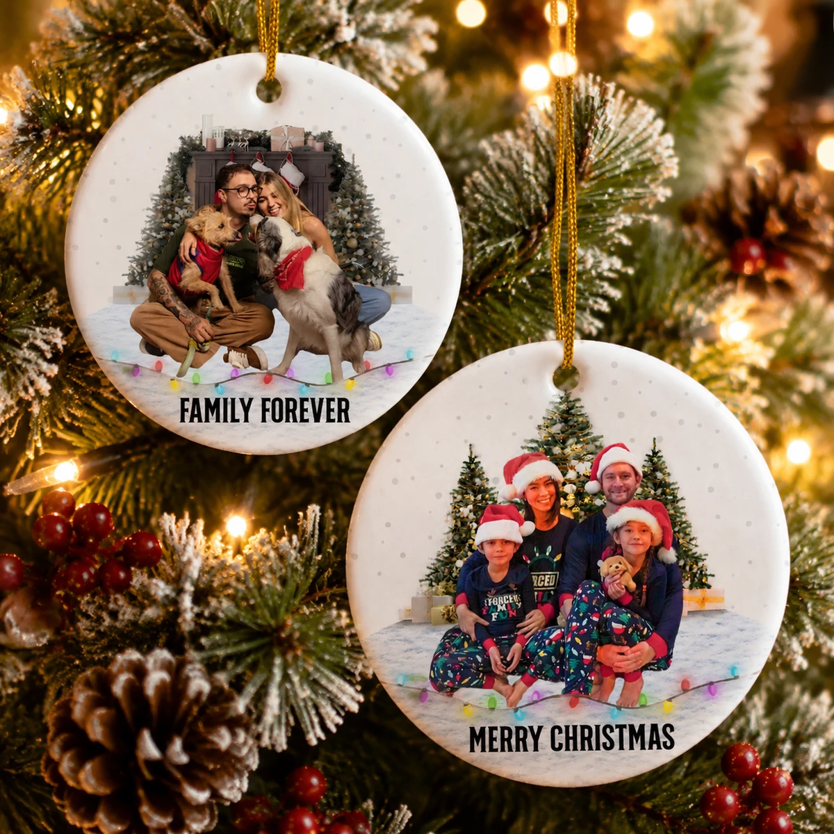 Personalized Ceramic Christmas Ornament Round Shape Custom Photo Family Christmas Tree Snowy Scene Christmas Gift