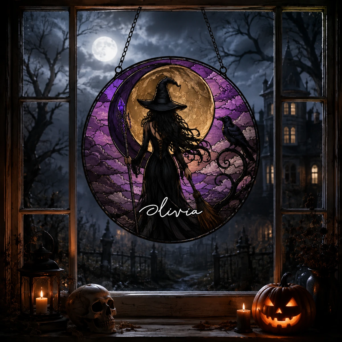 Personalized Moonlit Witch Stained Glass Suncatcher, Custom Halloween Window Hanging, Raven And Magic Decor