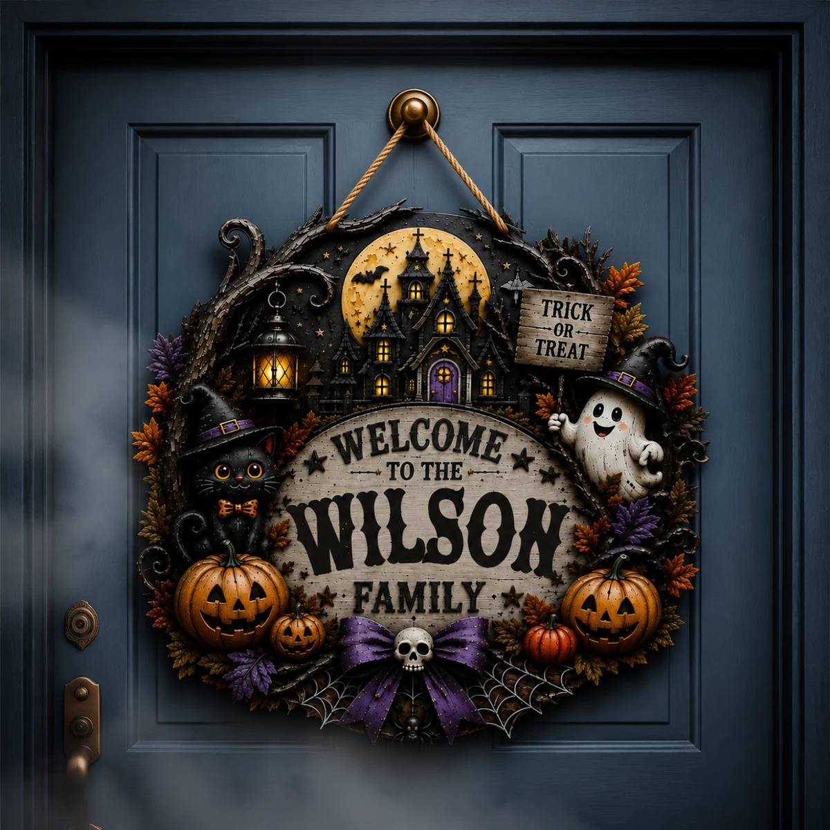 Welcome To Our Haunted House Personalized Sign, Custom Family Name Halloween Plaque, Black Cat Ghost Castle Decor, Unique Halloween Gift