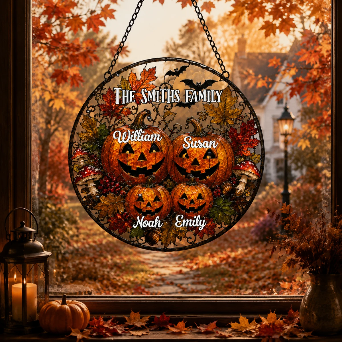 Personalized Pumpkin Family Stained Glass Suncatcher, Custom Jack-O'-Lantern Window Hanging, Fall Festive Autumn Decor Gift