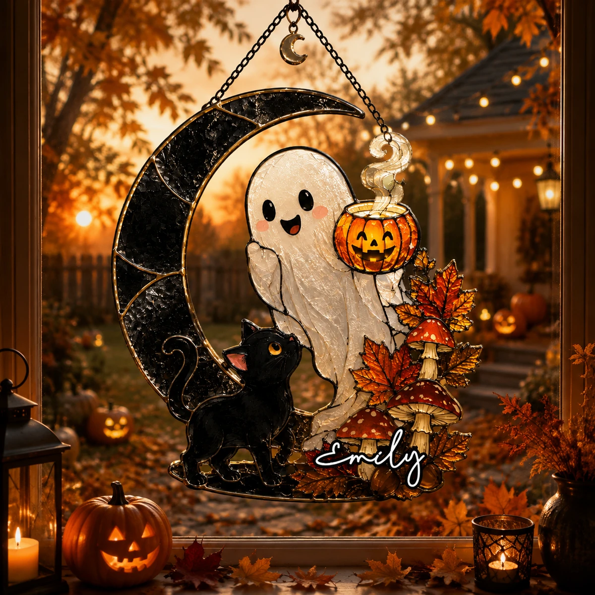 Personalized Ghost Cat And Moon Stained Glass Suncatcher, Custom Halloween Window Hanging, Spooky Fall Decor, Cat Lover Gift