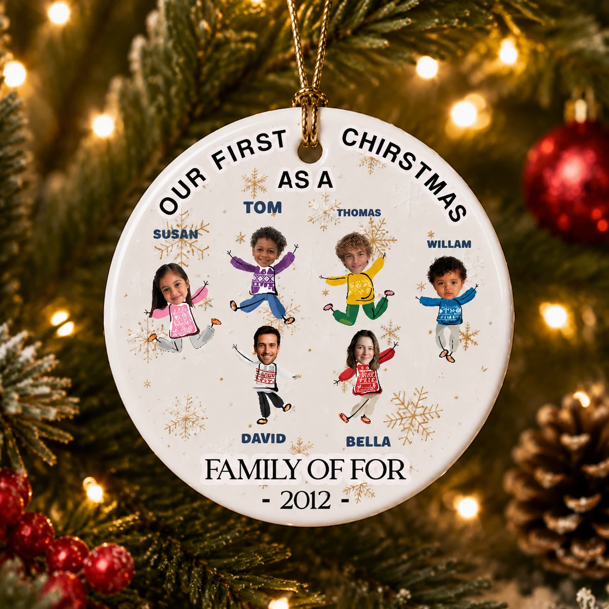 Personalized Ceramic Christmas Ornament Round Shape Custom Face Name Family Characters First Christmas Snowflake Christmas Gift