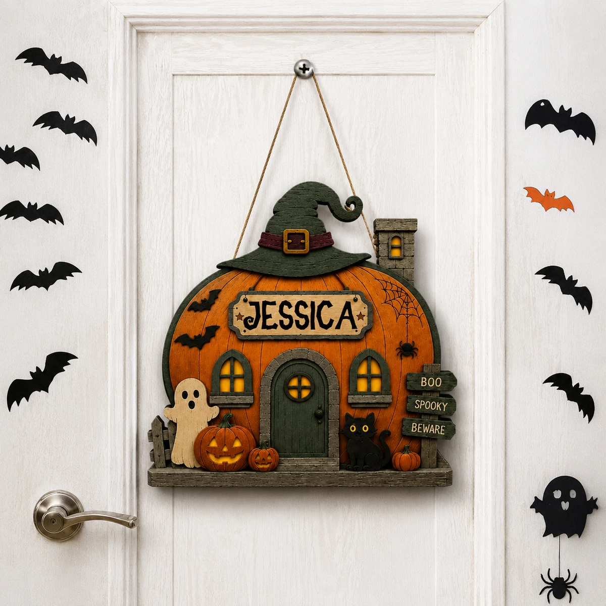 Personalized Witchy Pumpkin House Sign, Custom Name Halloween Door Plaque, Haunted Cottage Cat Decor, Unique Fall Home Gift